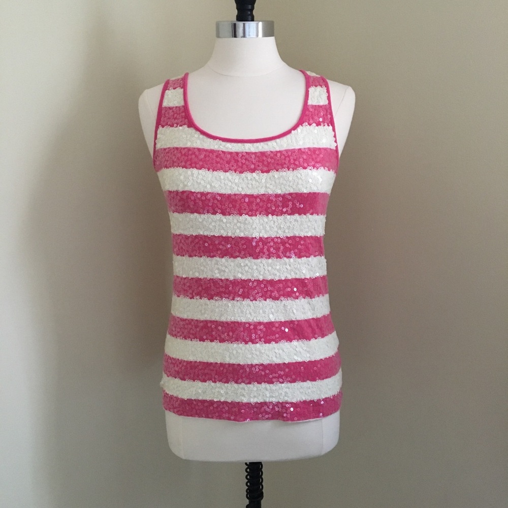 Old Navy Pink & White Striped Sequin Tank L